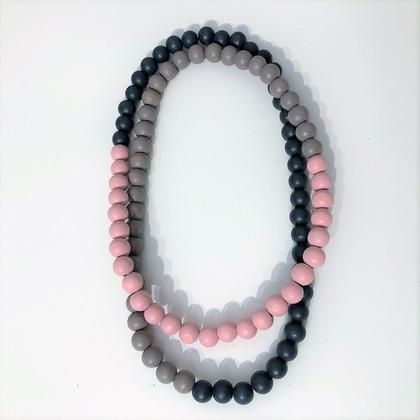 Kette - Holzperlen - Dunkelblau/Grau/Rosa