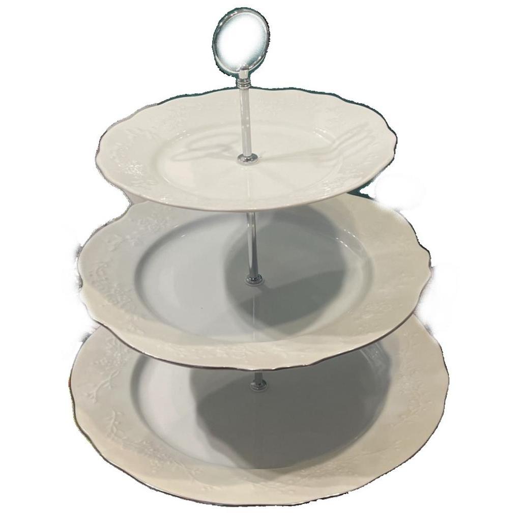 Etagere Blumenmuster Weiß mit Silberrand