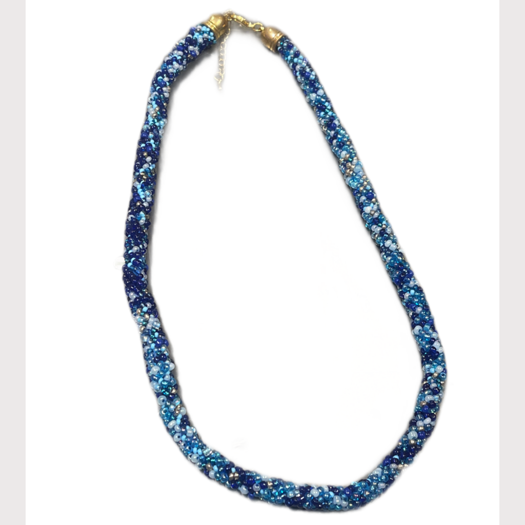 Perlenkette Blautöne und Gold