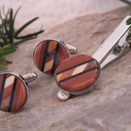 Set Krawattennadel und Manschettenknöpfe aus 6 Holzarten - Image 3