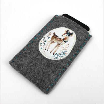 Handyhülle, Brillenetui aus Wollfilz, mit Rehlein