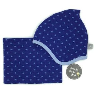 SET WINTER- HAUBE + LOOPSCHAL - STERNE mittelblau (Größe wählbar)