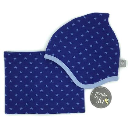 SET WINTER- HAUBE + LOOPSCHAL - STERNE mittelblau (Größe wählbar)