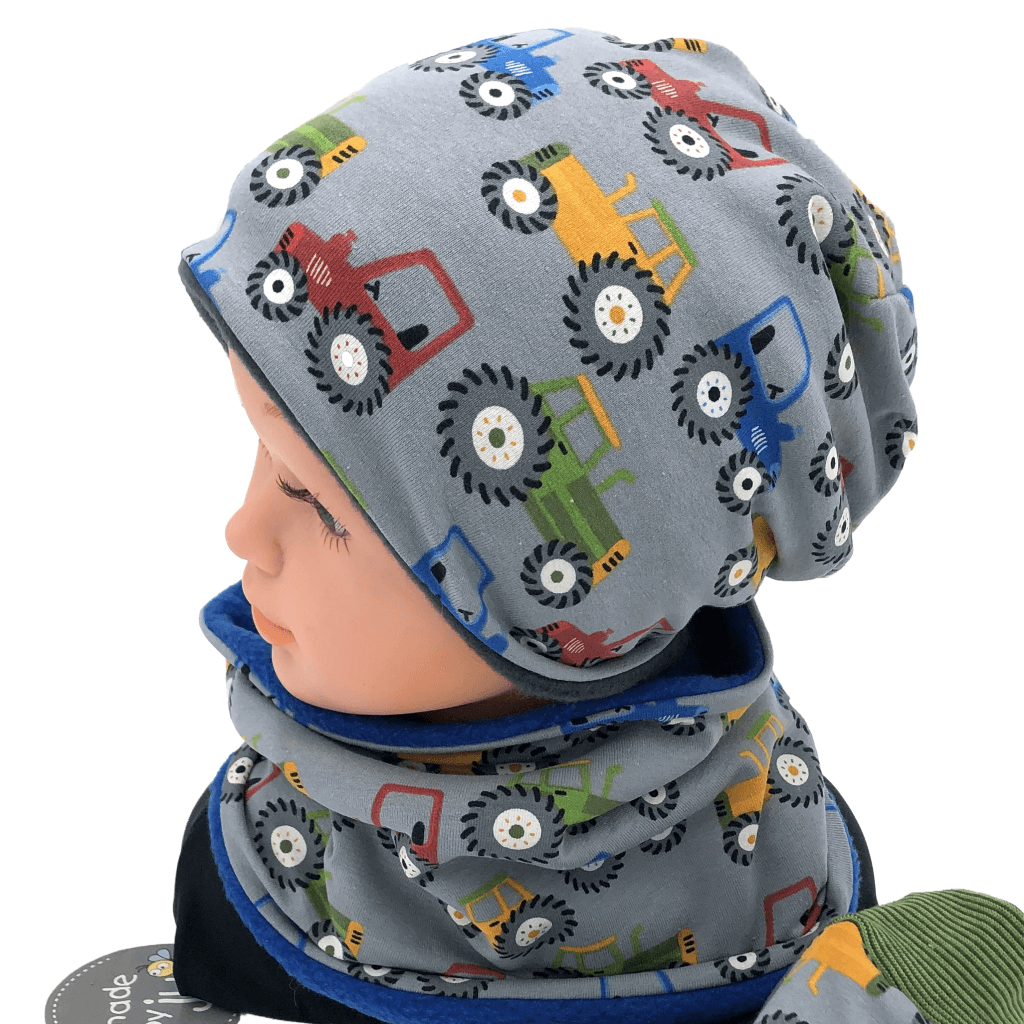 SET HAUBE+LOOPSCHAL TRAKTOR bunt grau (Ausführung und Größe wählbar)