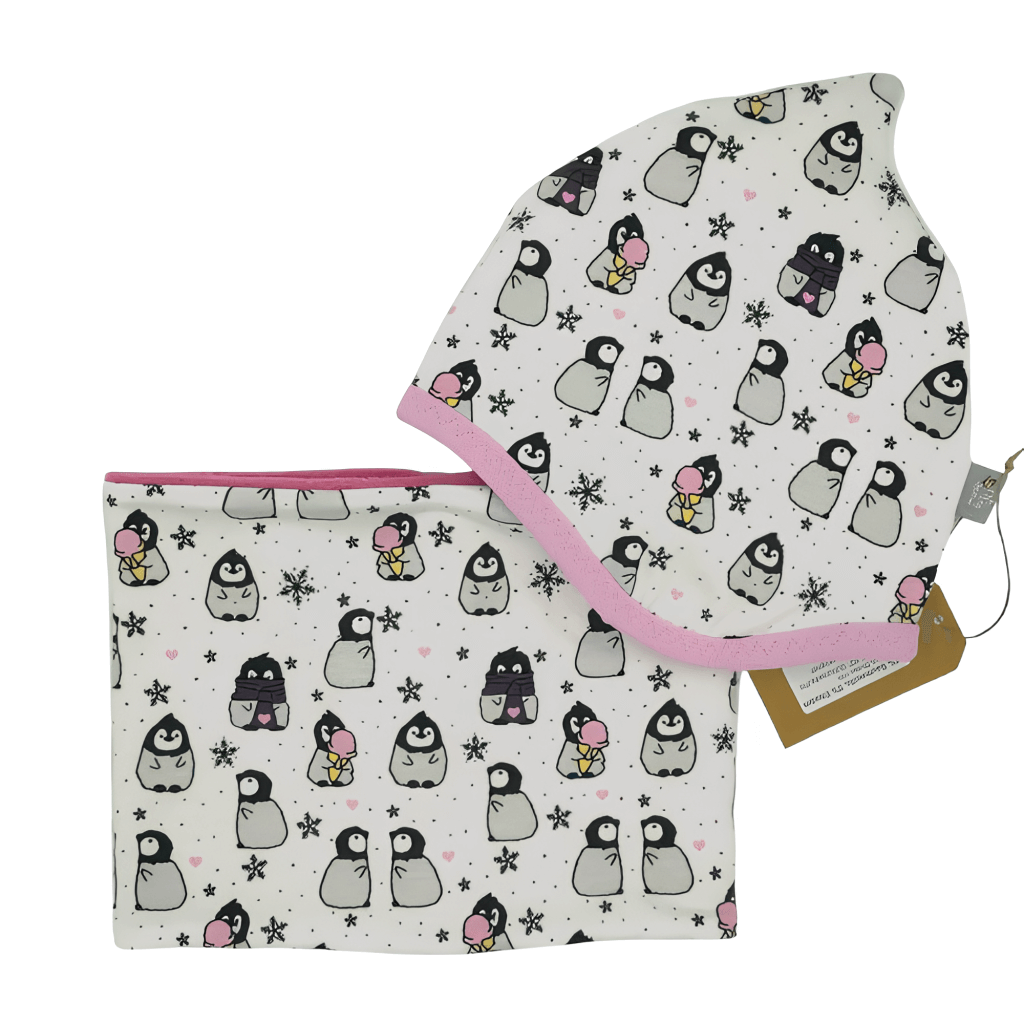 SET WINTER- HAUBE + LOOPSCHAL  (Größe wählbar) - Pinguine rosa