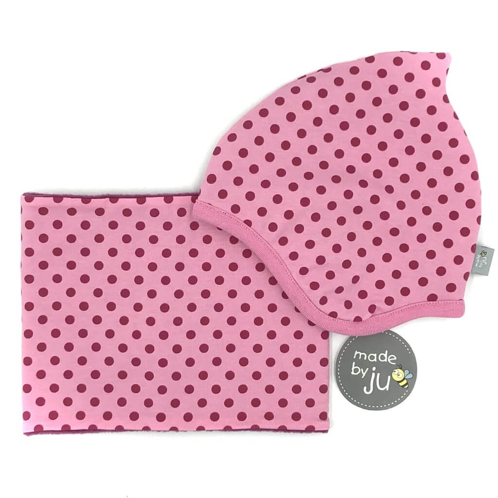 SET WINTER- HAUBE + LOOPSCHAL  - PUNKTE ROSA (Größe wählbar)