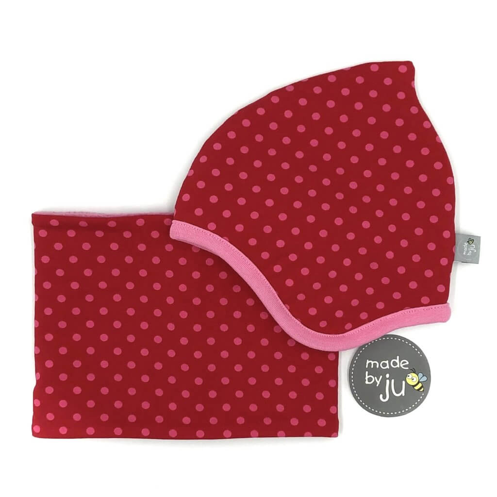 SET WINTER- HAUBE + LOOPSCHAL  - PUNKTE DUNKELPINK (Größe wählbar)