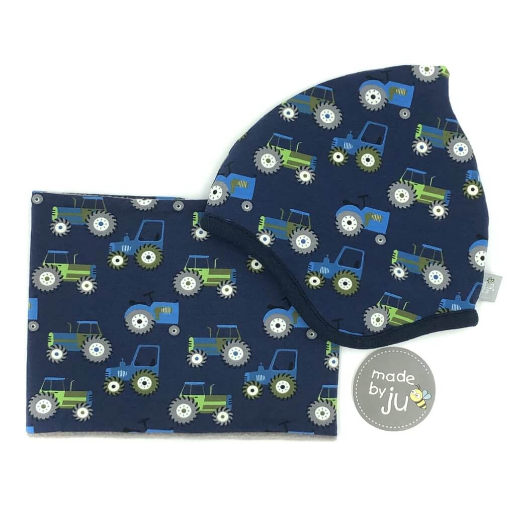 SET WINTER- HAUBE + LOOPSCHAL - TRAKTOR dunkelblau (Größe wählbar)