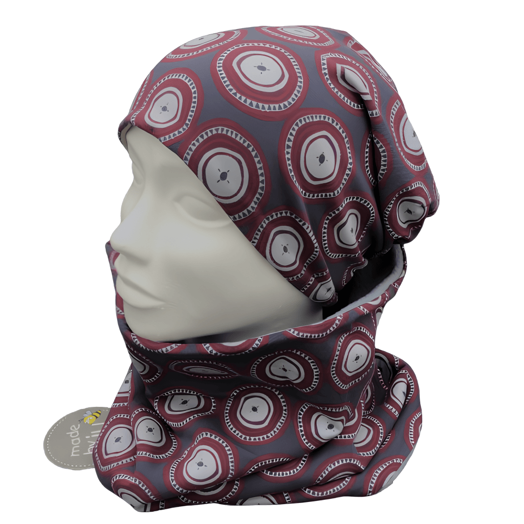 DAMEN- SET (WENDEHAUBE+XXL-LOOPSCHAL) "Retro- Kreise grau"