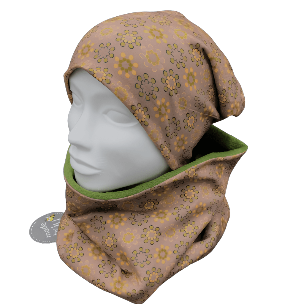 DAMEN- SET (WENDEHAUBE+XXL-LOOPSCHAL)- Muster beige/oliv