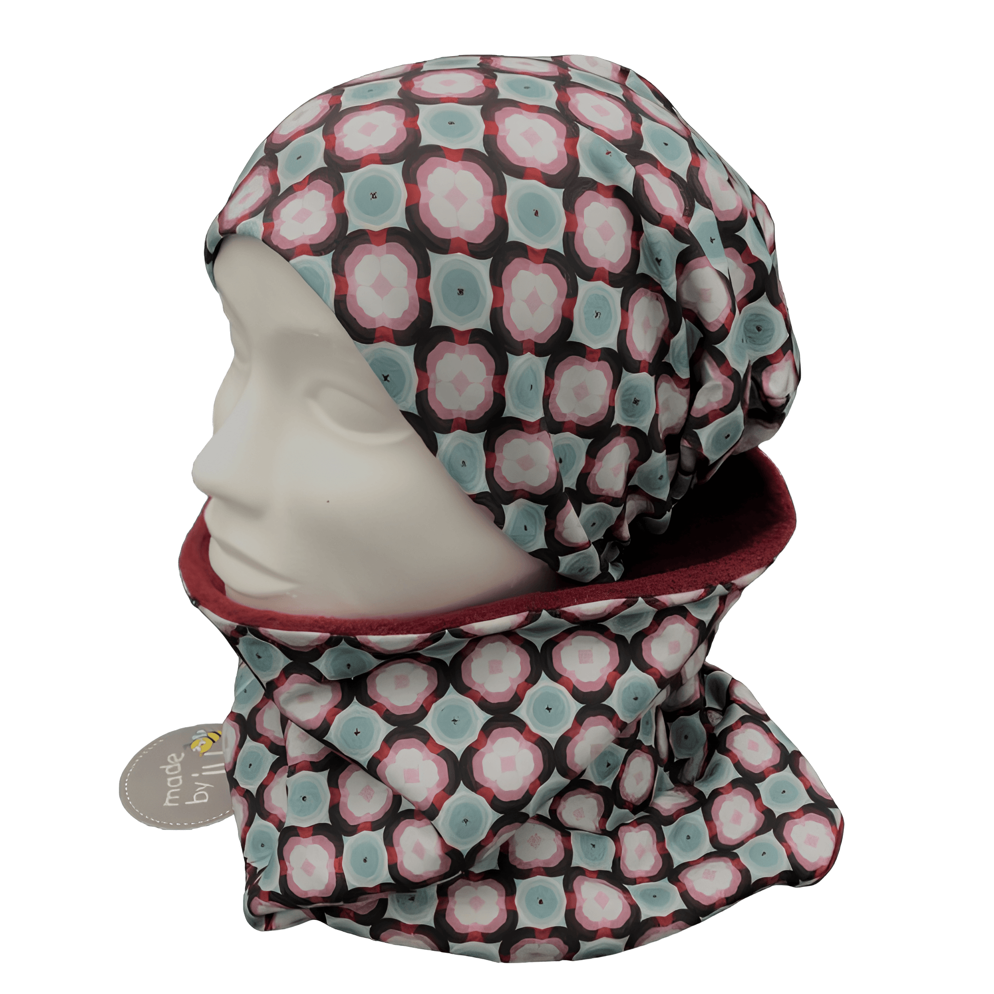 DAMEN- SET (WENDEHAUBE+XXL-LOOPSCHAL) "Muster grau/dunkelmint/weinrot/zartpink"