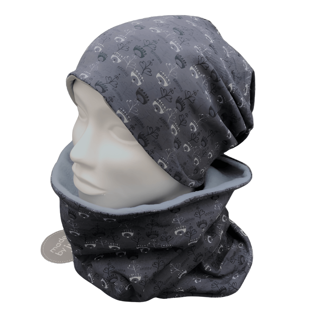 DAMEN- SET (WENDEHAUBE+XXL-LOOPSCHAL)- dezente gezeichnete Blumen grau