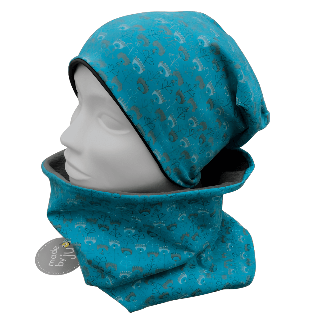 DAMEN- SET (WENDEHAUBE+XXL-LOOPSCHAL)- dezente gezeichnete Blumen türkis