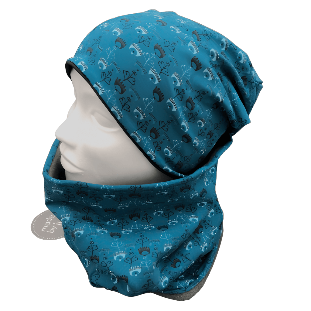 DAMEN- SET (WENDEHAUBE+XXL-LOOPSCHAL)- dezente gezeichnete Blumen petrol