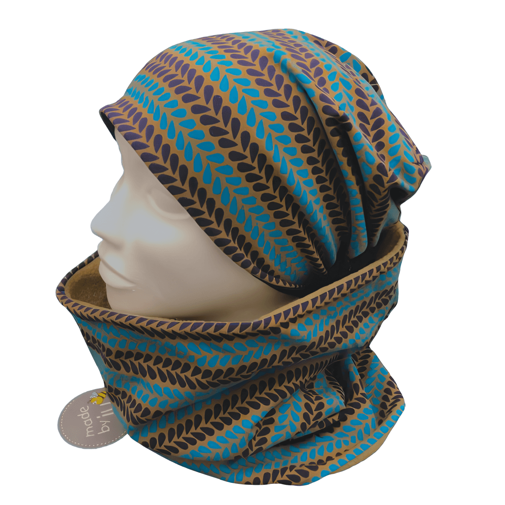 DAMEN- SET (WENDEHAUBE+XXL-LOOPSCHAL) "Muster beige/türkis/dunkelblau"