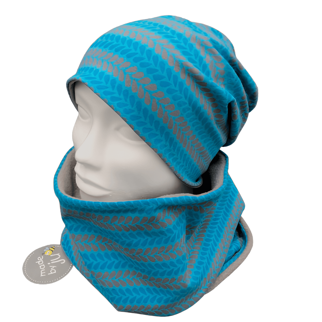 DAMEN- SET (WENDEHAUBE+XXL-LOOPSCHAL)- Muster türkis/grau