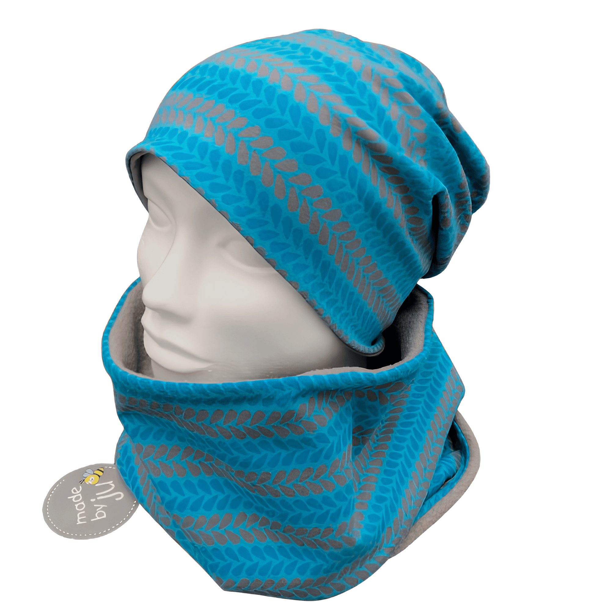 DAMEN- SET (WENDEHAUBE+XXL-LOOPSCHAL)- Muster türkis/grau