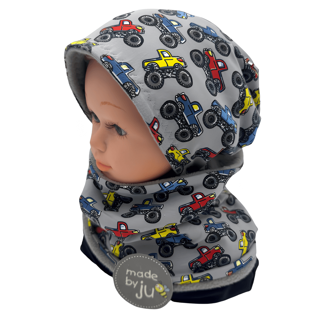 SET HAUBE+LOOPSCHAL MONSTERTRUCKS grau  (Ausführung und Größe wählbar)