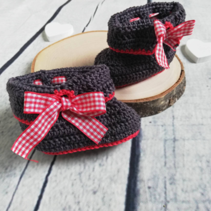 Häkelschuhe 0-3 Mon., Babyschuhe Tracht grau rot