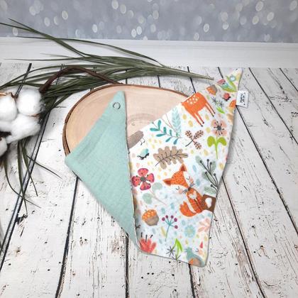 Musselin Dreieckstuch zum Wenden 0-6 Mon. weiß mit bunten Waldtieren, hellblau