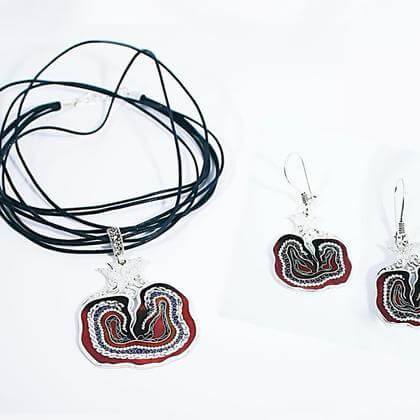 Ohrringe & Kette  "Granatapfel" von Cloisonne Enamel,Handarbeit, Unikat