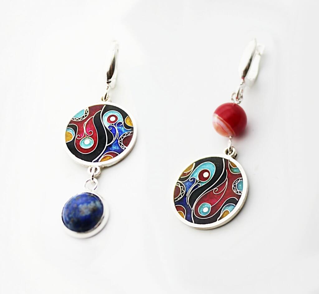 Yin&Yang Ohrringe,Cloisonne Emaille, Unikat,Sterling Silber 925