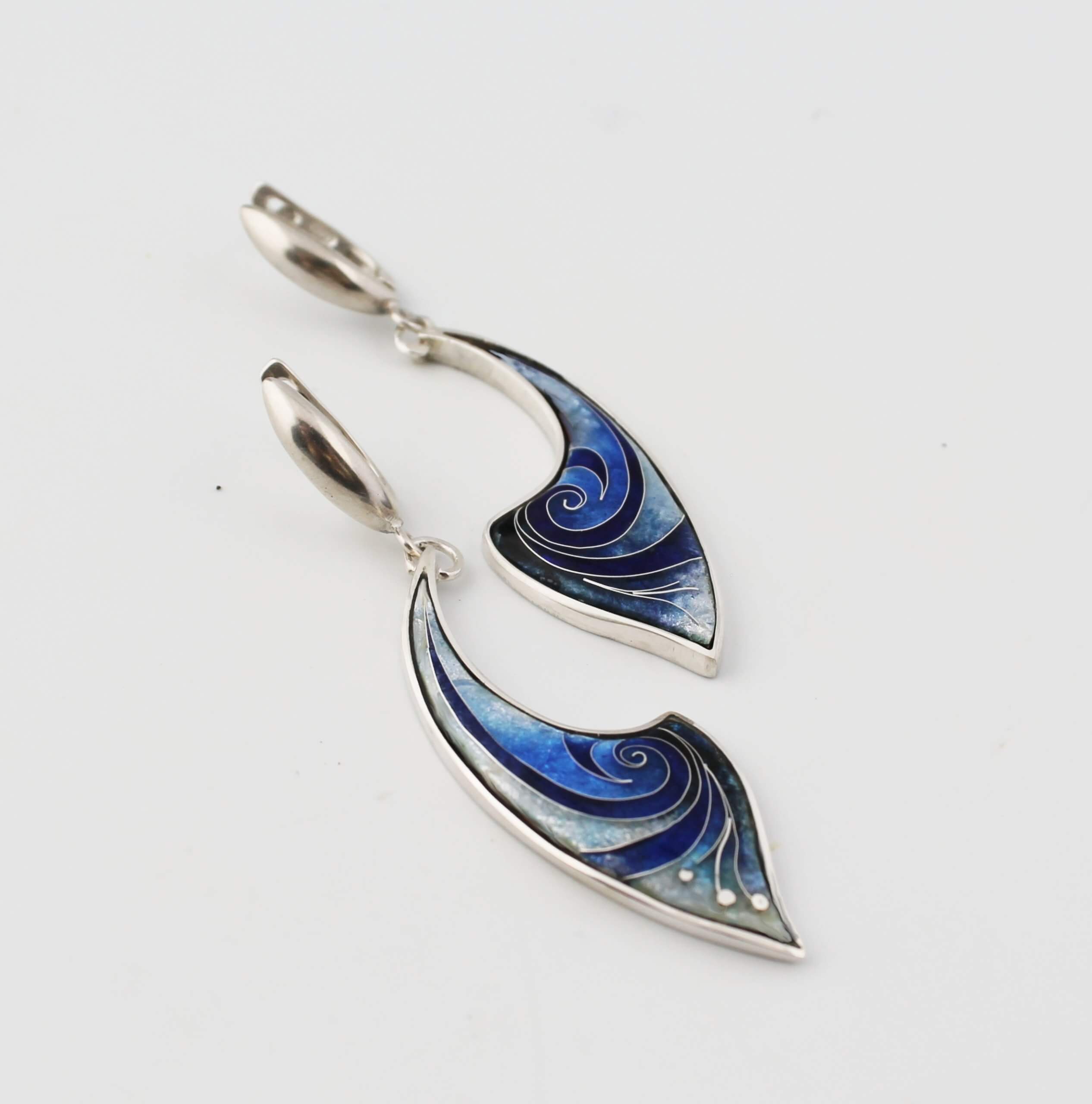 Ohrringe "Welle" Cloisonné Emaille, Handarbeit, Silber, Unikat - Image 3
