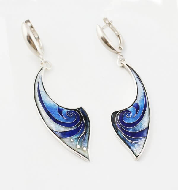 Ohrringe "Welle" Cloisonné Emaille, Handarbeit, Silber, Unikat