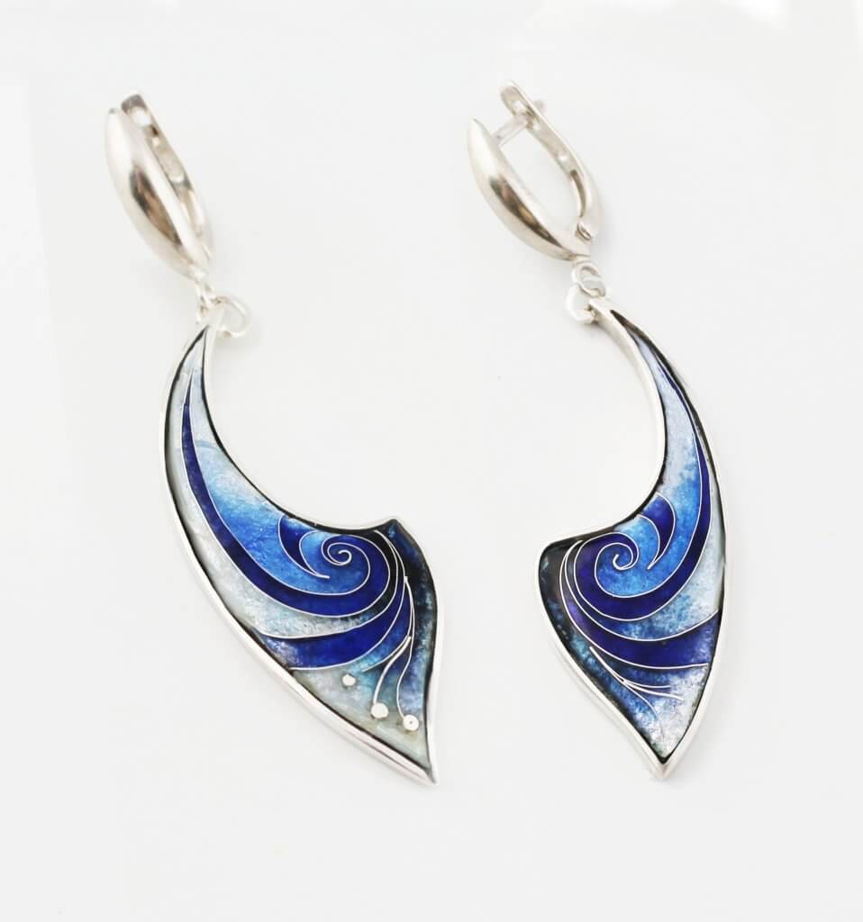 Ohrringe "Welle" Cloisonné Emaille, Handarbeit, Silber, Unikat