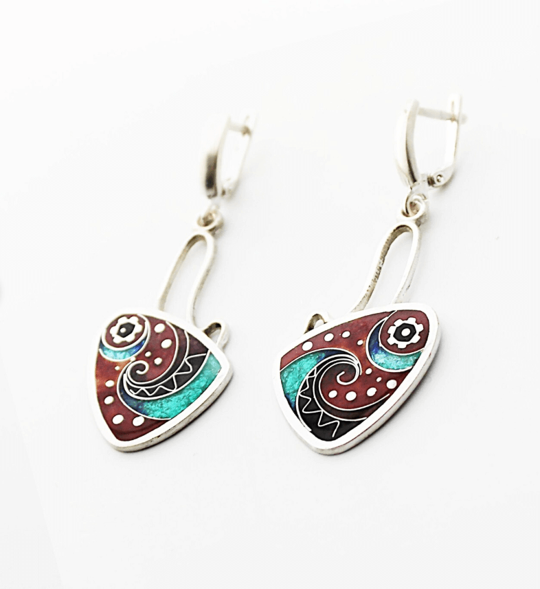 Ohrringe, Cloisonne emaille, Handarbeit, Silber, Unikat