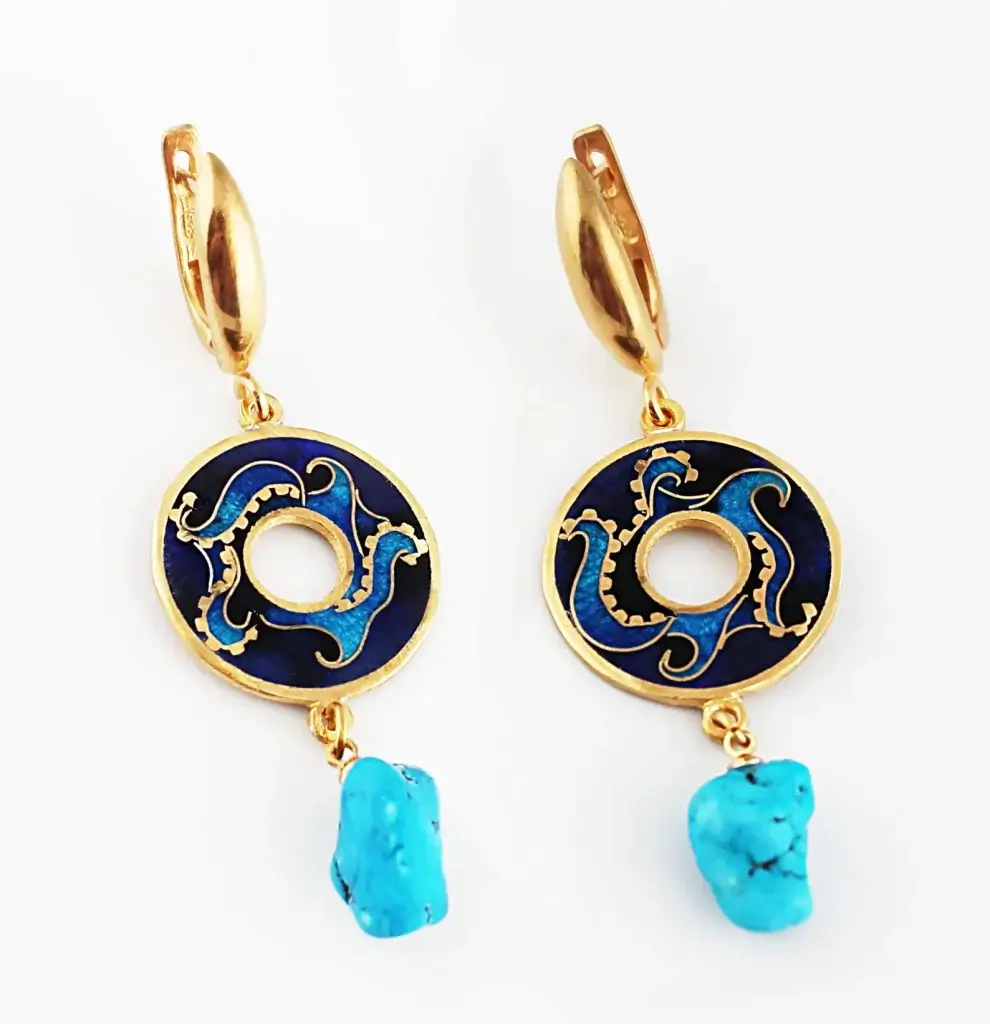 Earrings. Cloisonne Emaille,Handmade, Unikat,Sterling Silber vergoldet