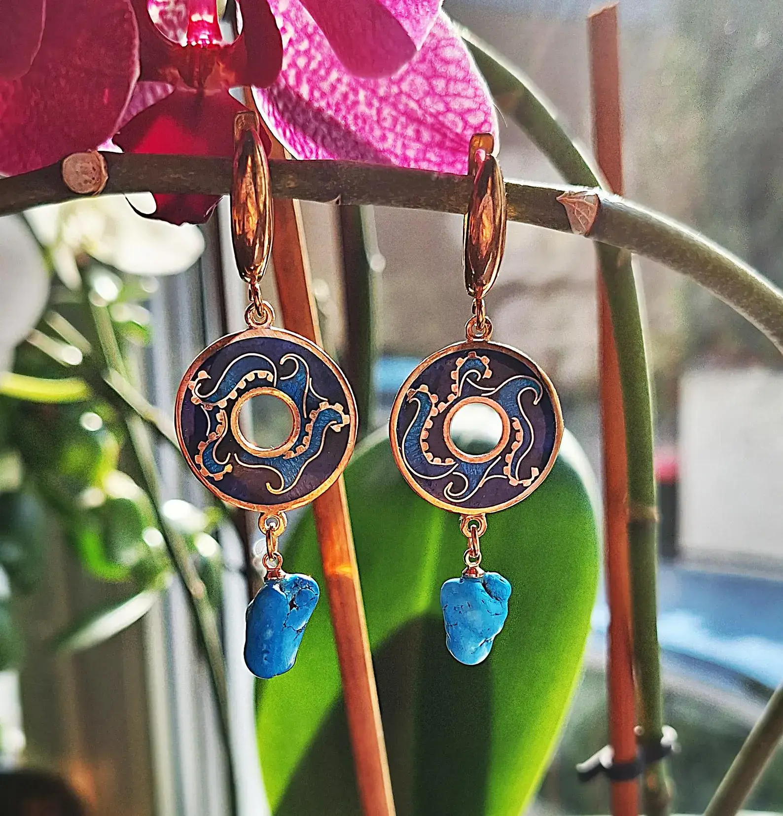 Earrings. Cloisonne Emaille,Handmade, Unikat,Sterling Silber vergoldet - Image 3