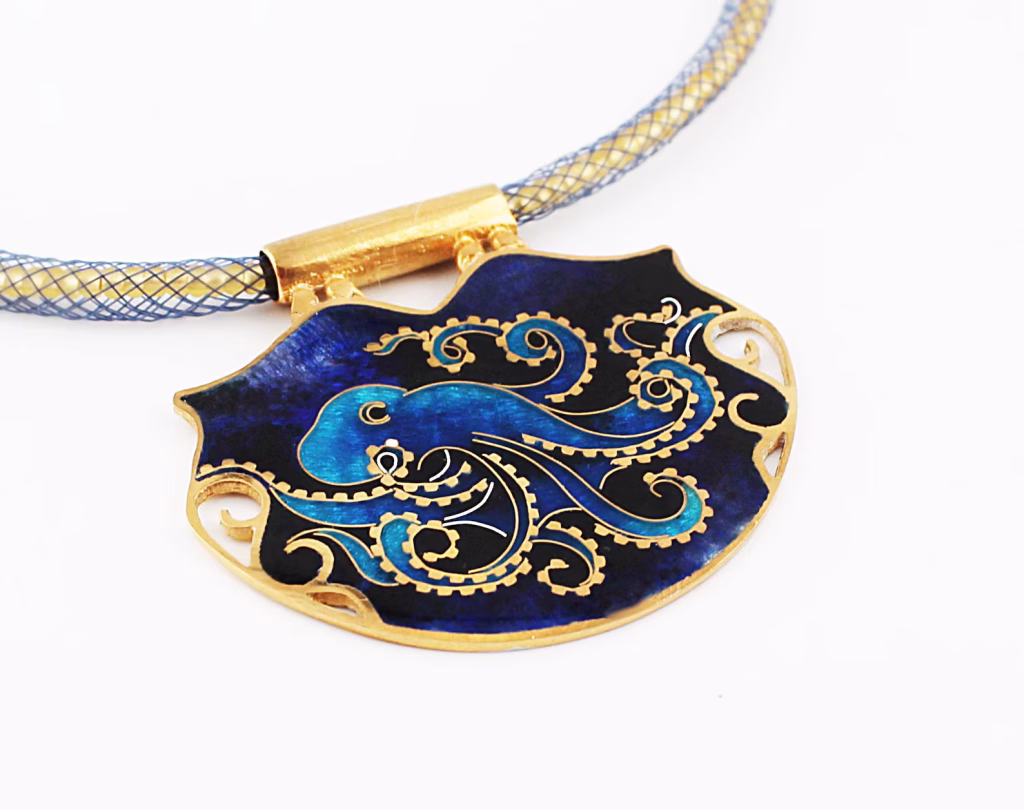 Handcrafted Cloisonné Enamel Octopus Pendant – Sterling Silver
