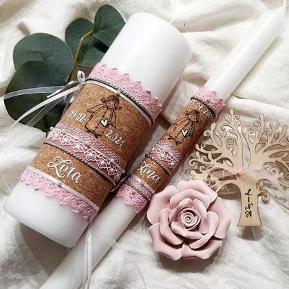 TAUFKERZEN-Set "LINA" inkl. 1 Schachtel + 1 Untersetzer