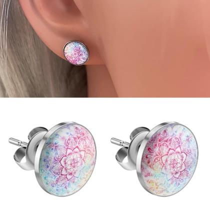 Mandala Ohrstecker mit Glaskuppel 'watercolored'