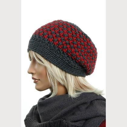Haube - "Marlene" dunkelgrau/rot