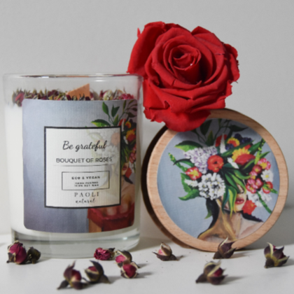 Sojakerze, ätherisches Öl: ROSE, Holzdocht, Glas mit Holzdeckel, Hausdekoration