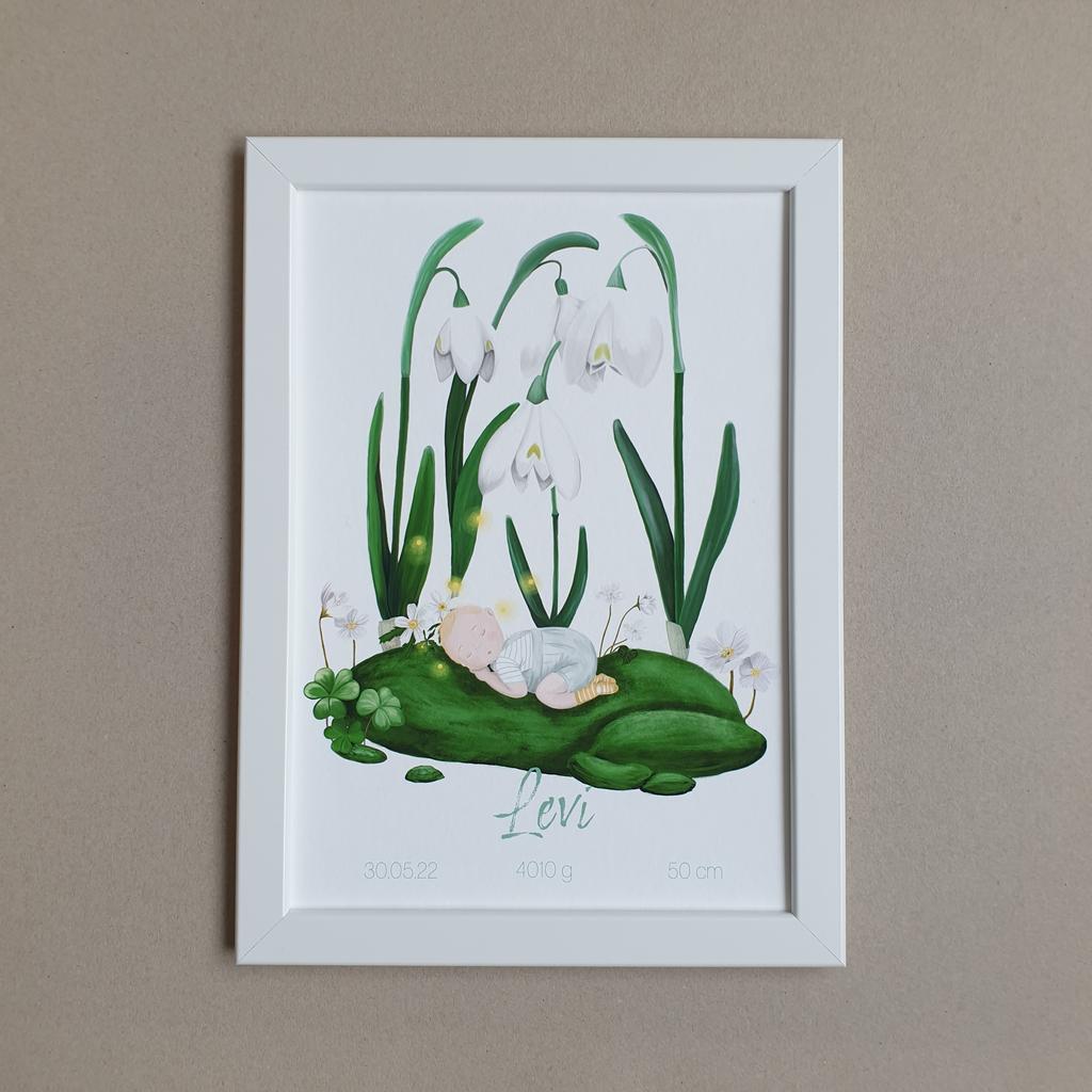 "Schlafendes Baby im Frühling", personalisierbares Geburtsposter, Motiv 1