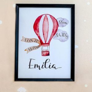 Geburtsposter | Geburtsanzeige A4 (optional auch in A3): Heißluftballon personalisiert