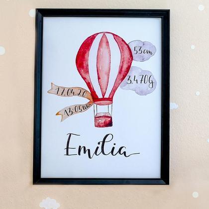 Geburtsposter | Geburtsanzeige A4 (optional auch in A3): Heißluftballon personalisiert
