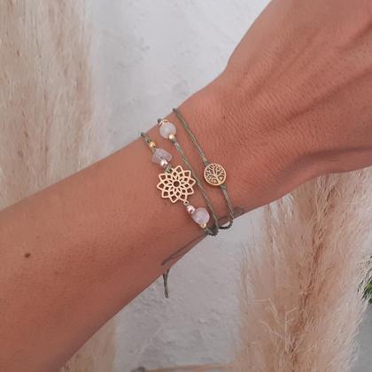 WICKELARMBAND Rosenquarz Mandala - Lebensbaum gold