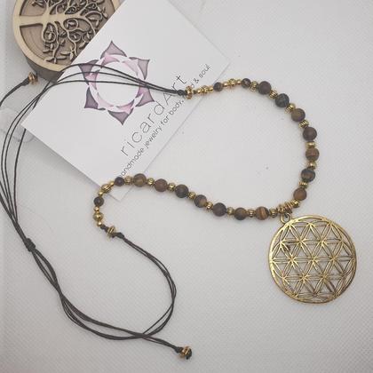 Tigerauge Halskette 'Blume des Lebens' antikgold