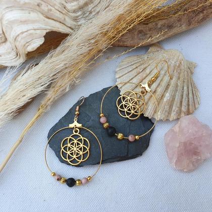 Rhodochrosit - Lavastein Creolen 'Seed of Life' *Edelstahl vergoldet