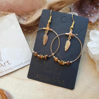 Tigerauge Creolen *FEDER 25mm Edelstahl vergoldet