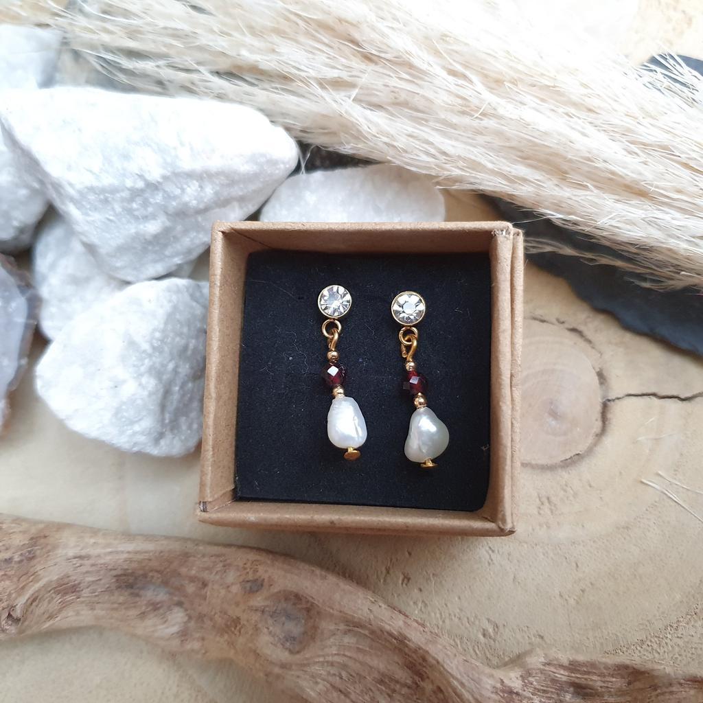 Süßwasserperle/Strass Ohrschmuck *GRANAT* Edelstahl - Image 2