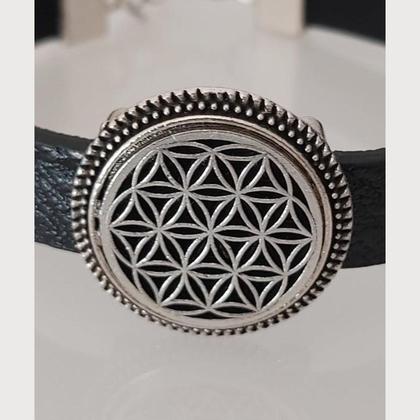 Armband aus Leder - schwarz - mit Blume des Lebens - Image 2