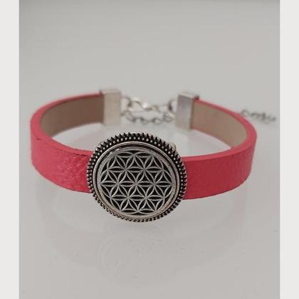 Armband aus Leder - rot - mit Blume des Lebens