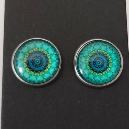 Ohrstecker, Ohrringe - Mandala grün - Edelstahl - Image 2