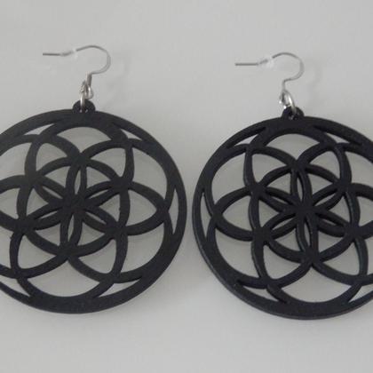 Ohrringe aus Holz - Blume des Lebens - schwarz - Image 3