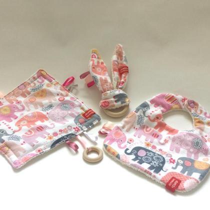 GESCHENKSET - Elephant Bandana bib, taggie blanket & bunny ear teether